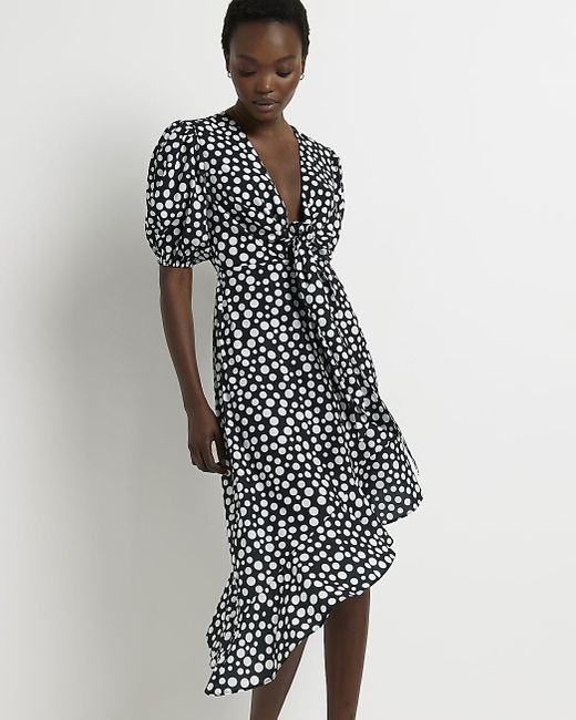 River Island Black Polka Dot Puff Sleeve Midi Dress | Lyst UK