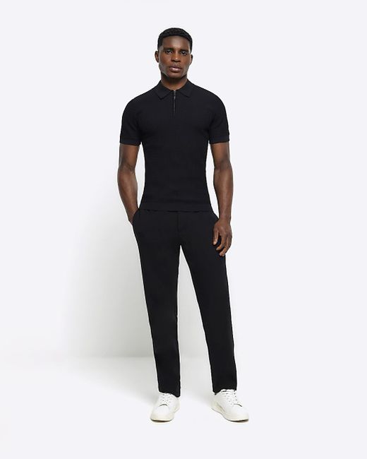 River Island Black Muscle Fit Knitted Half Zip Polo for men