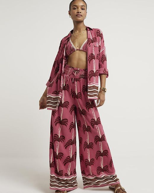 River Island Red Plus Pink Palm Tree Wide Leg Beach Trousers