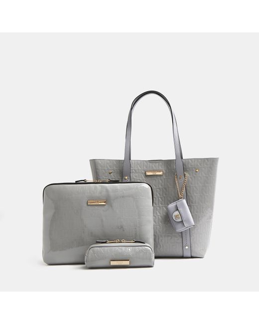 River Island Gray Grey Ri Monogram Handbag And Laptop Case Set