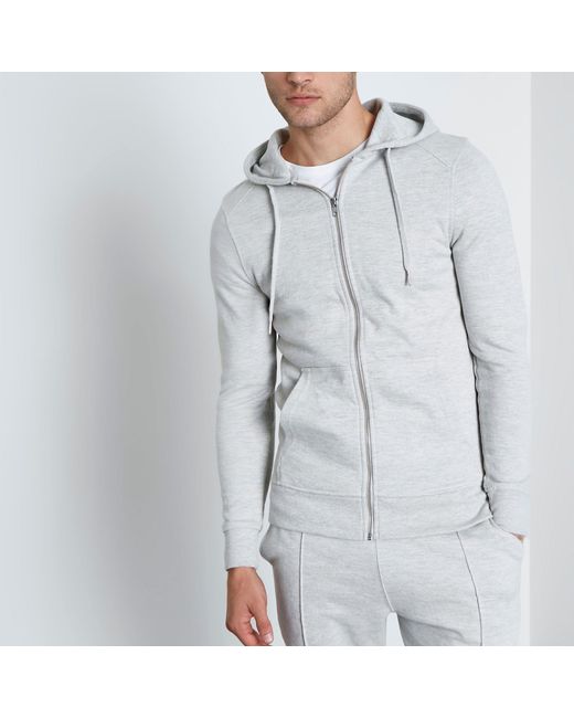 River Island Gray Light Grey Muscle Fit Zip-up Hoodie for men