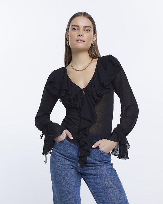 River Island Black Mesh Frill Detail Blouse in Blue | Lyst