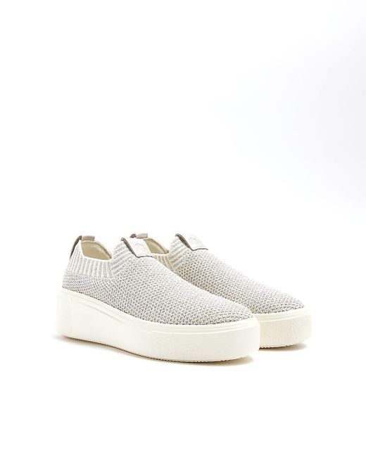 River Island White Silver Slip On Knit Sneakers