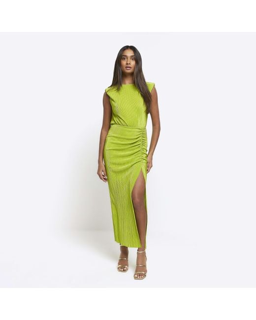 River Island Green Lime Plisse Ruched Bodycon Midi Dress