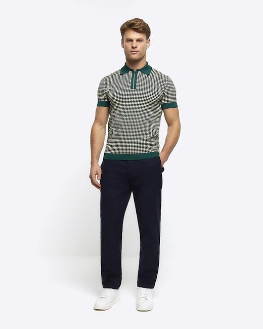River Island Green Muscle Fit Knit Geometric Polo for men