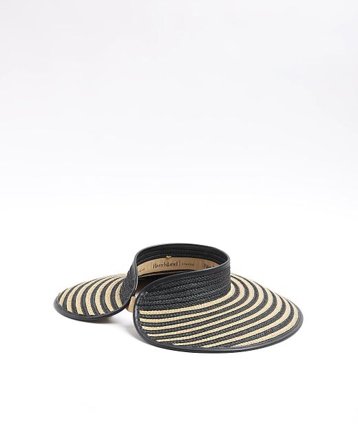 River Island White Black Stripe Visor Straw Hat