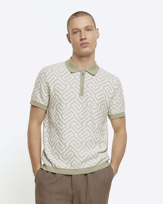 River Island White Geometric Design Knit Polo for men