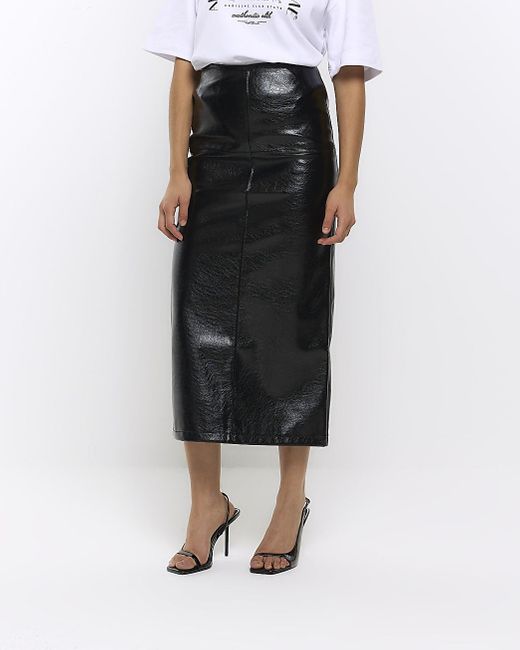 River Island White Black Faux Leather Seamed Midi Skirt