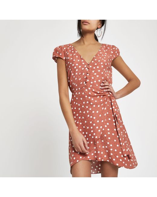 River Island Polka Dot Cap Sleeve Wrap Dress in Brown | Lyst Canada