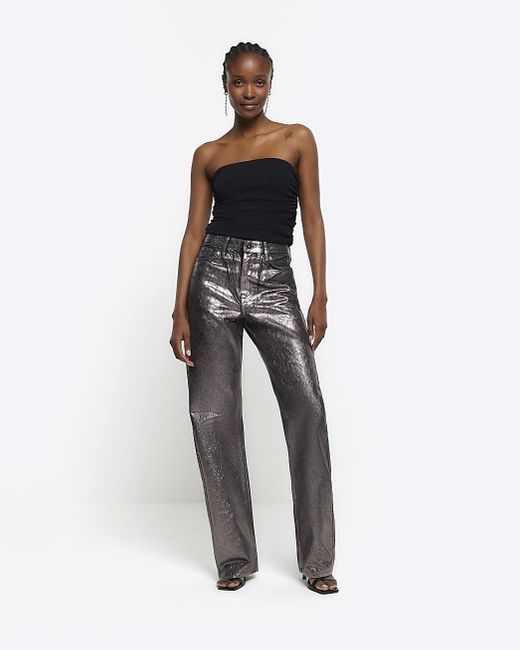 River Island Grey High Waisted Straight Coated Jeans in White