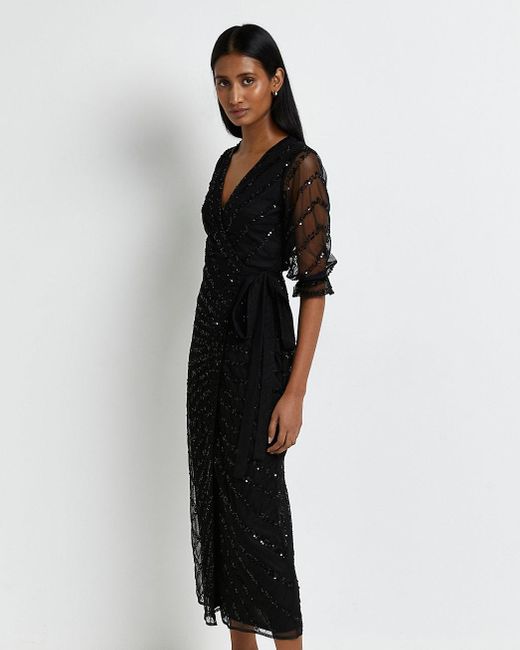 Black Sequin Wrap Midi Dress - Lyst