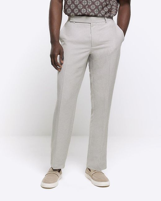River Island White Stone Slim Fit Linen Blend Suit Pants for men