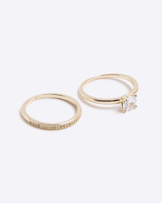 River Island White Gold Diamante Set Ring Multipack