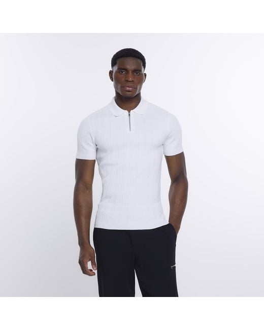 River Island White Muscle Fit Ribbed Half Zip Polo Shirt for men
