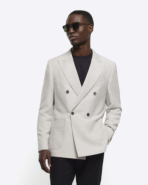 River Island White Stone Slim Fit Linen Blend Suit Jacket for men
