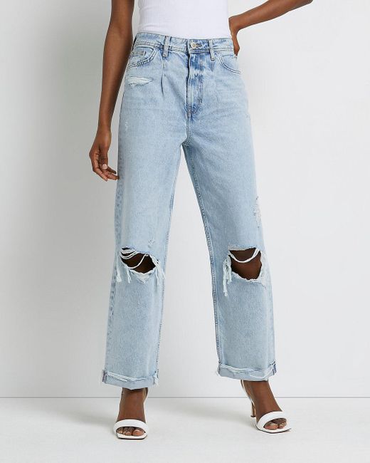 River Island Denim Blue Oversized Ripped High Waisted Mom Jeans | Lyst UK