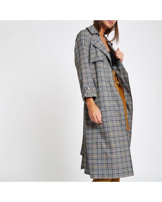 River Island Check Belted Trench Coat in Grey | Lyst Australia
