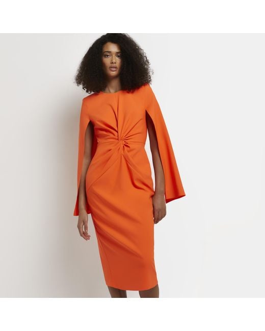 River Island Orange Twist Front Bodycon Midi Dress