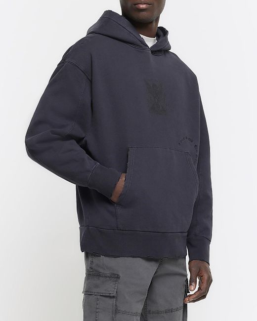 River Island Blue Washed Regular Gothic Graphic Hoodie for men
