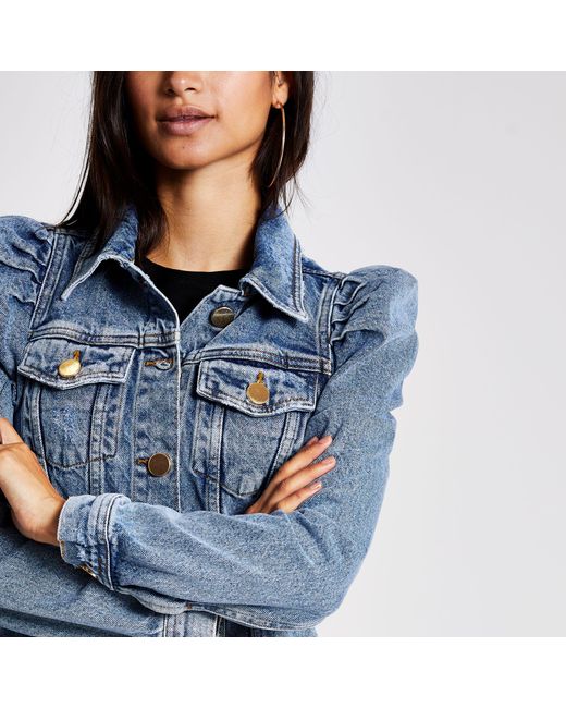 River Island teddy collar denim trucker jacket in blue | ASOS