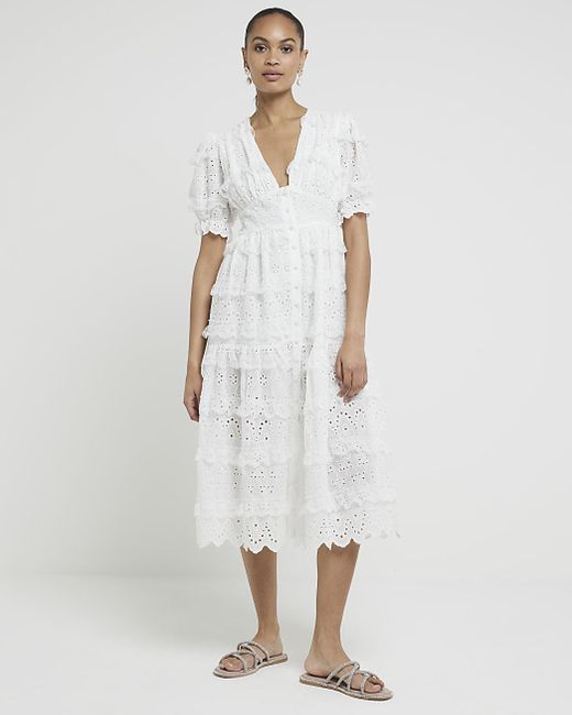 River Island Cream Lace Tiered Smock Midi Dress in White Lyst Canada