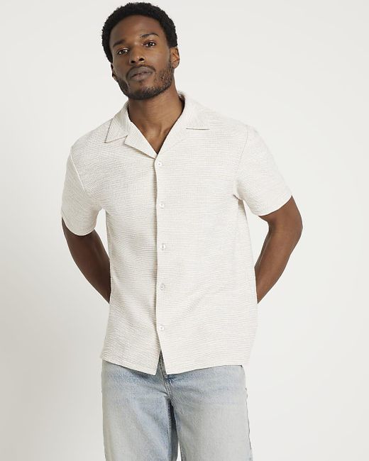 River Island White Stone Regular Fit Textured Revere Shirt for men