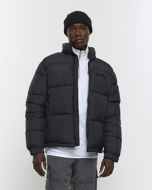 River Island Black Regular Fit Puffer Jacket in Blue for Men | Lyst UK