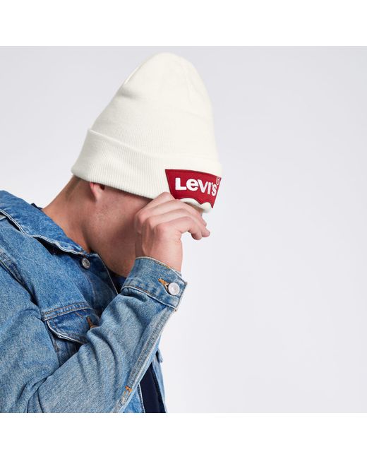 Levi's White Ribbed Knit Beanie Hat for 