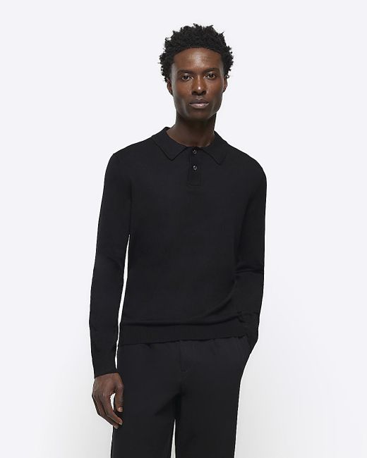 River Island Black Slim Fit Knitted Long Sleeve Polo for men