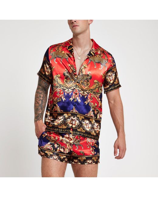 River Island Red Jaded Baroque Print Short Sleeve Shirt for men