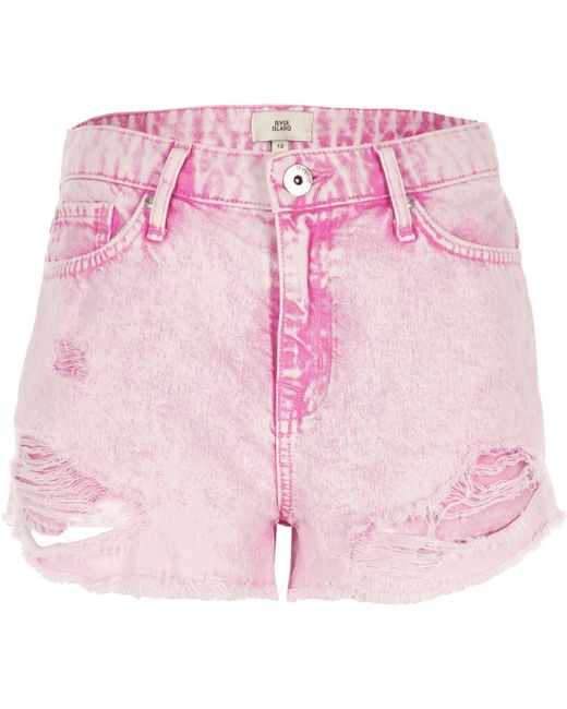 River Island Pink Acid Wash Distressed Denim Shorts