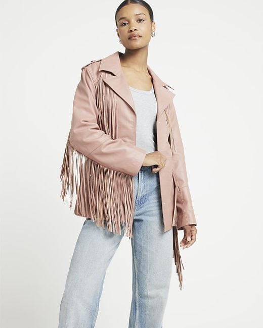 River Island Blue Pink Leather Tassel Belted Jacket