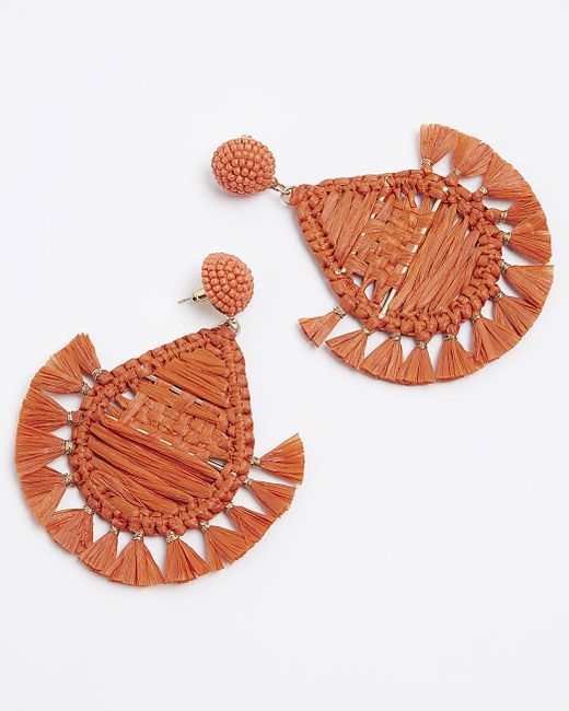 River Island Red Orange Raffia Tassel Drop Earrings