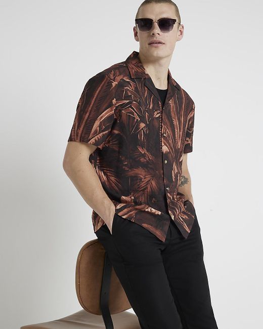 River Island Brown Palm Print Short Sleeve Shirt for men