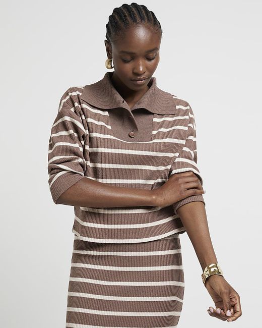 River Island Brown Ribbed Stripe Crop Polo Top