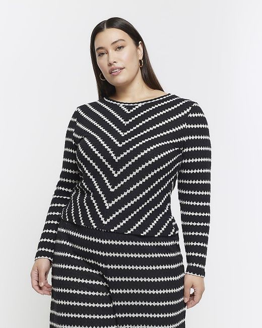 River Island Gray Plus Black Crochet Stripe Long Sleeve Top