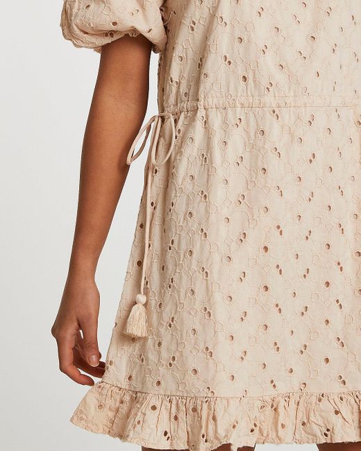 Beige Puff Sleeve Broderie Mini Dress 