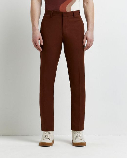 River Island Brown Slim Fit Twill Suit Trousers for Men | Lyst