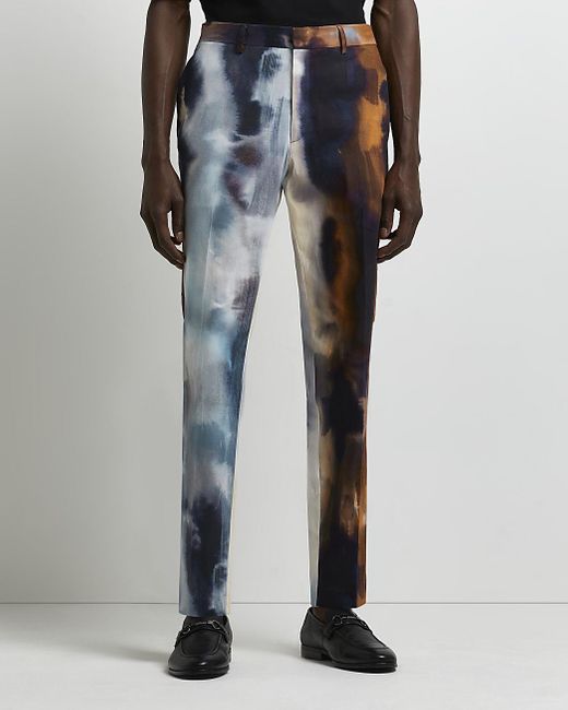 Navy Slim Fit Print Suit Trousers 