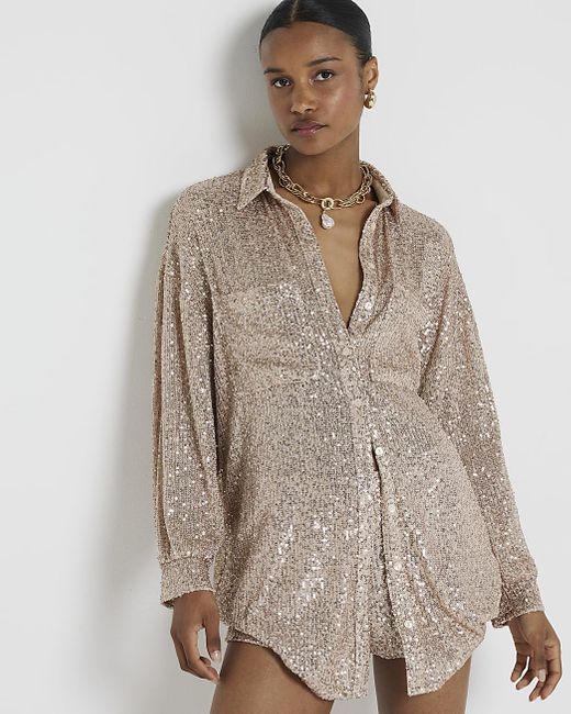 River Island Brown Rose Gold Sequin Oversized Long Sleeve Shirt