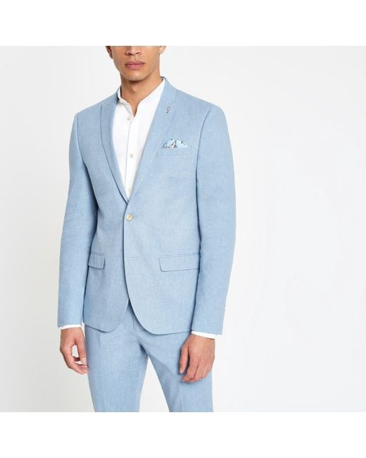 River Island Light Blue Skinny Fit Suit Jacket With Linen Light Blue Skinny Suit Trousers With Linen for men