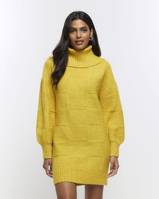 River Island Yellow Textured Roll Neck Jumper Mini Dress | Lyst Canada