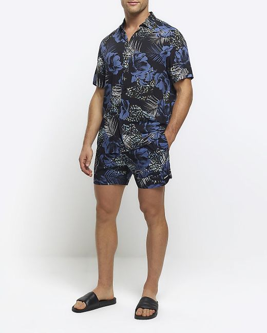 River Island Blue Black Regular Fit Botanical Print Shorts for men