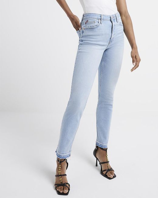 River Island Blue High Waisted Slim Fit Straight Leg Jeans