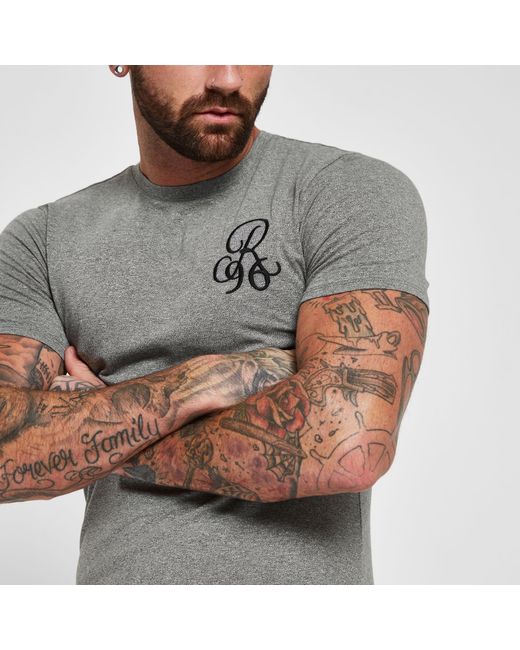 River Island Gray Muscle Fit R96 Embroidered T-shirt for men