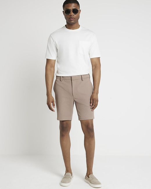 River Island White Beige Slim Fit Waffle Shorts for men