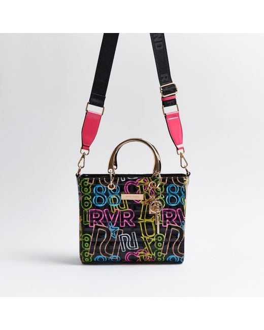 River Island Black Neon Ri Branded Tote Bag