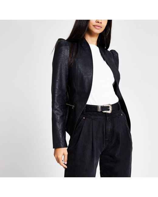 River Island Black Faux Leather Puff Sleeve Jacket
