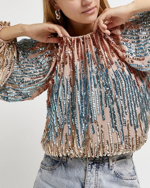 River Island Pink Ombre Sequin Blouse