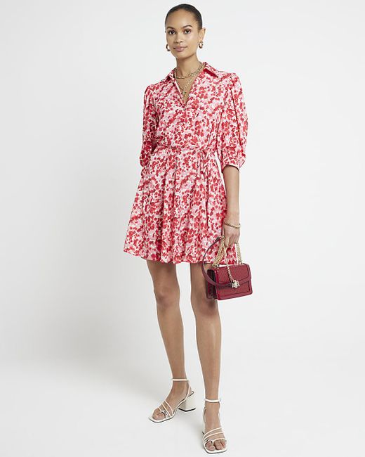 River Island Red Floral Belted Mini Shirt Dress